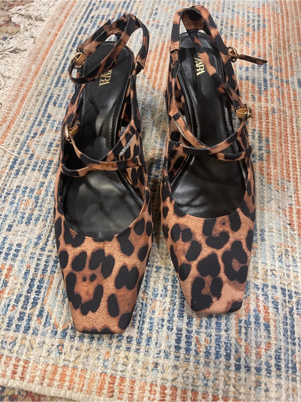 ZARA Black Footbed Leopard-Print Block Heel Sandals